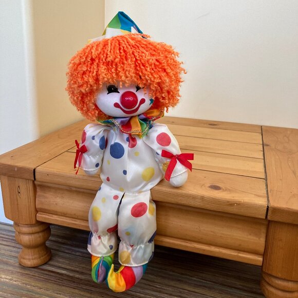 Dolmax Polka Dot Happy Clown Doll Shelf Sitter Vintage 70s Toy Rainbow 14" Tall - Picture 2 of 9